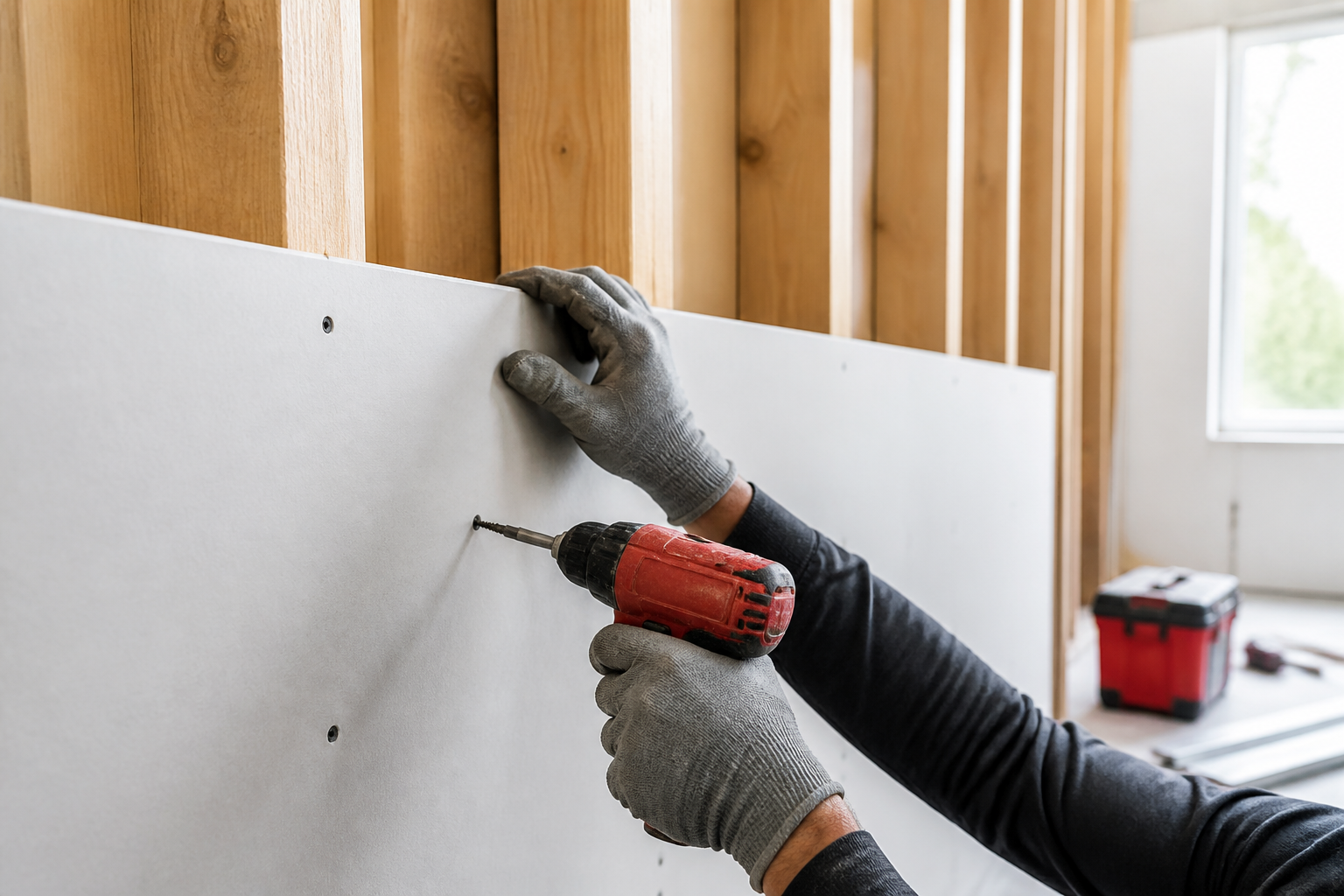 Drywall installer fastening a panel to an interior wall